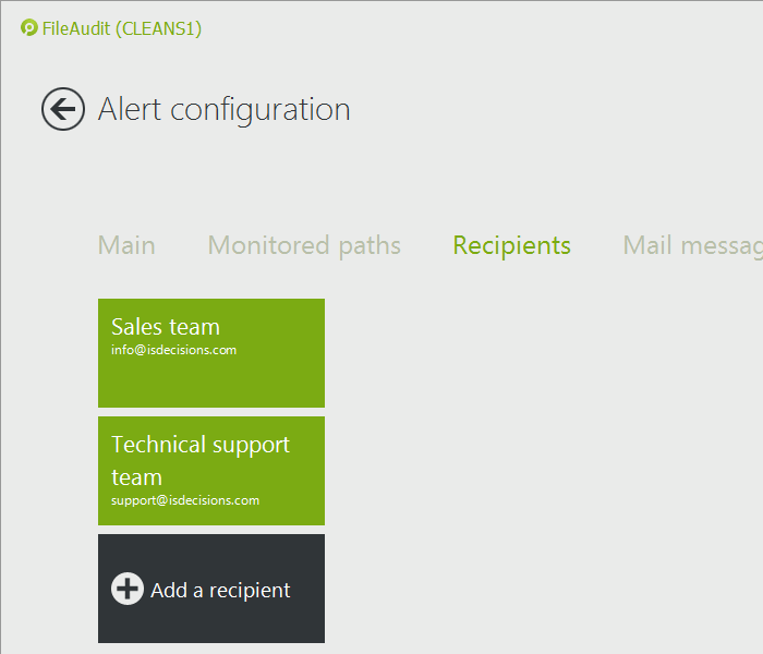 Recipients tab Alerts
