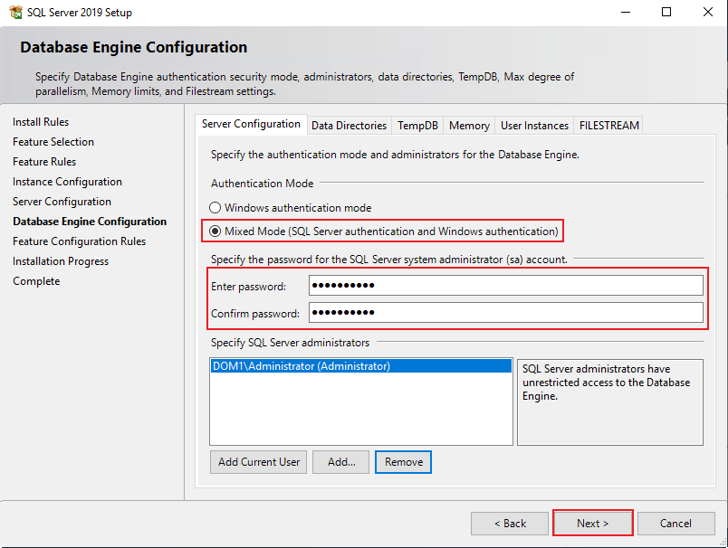 Databse Engine Configuration