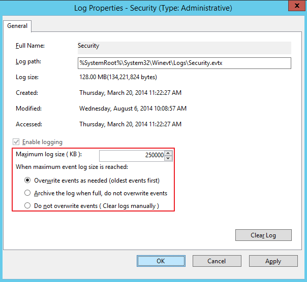 Set a recommended security log size