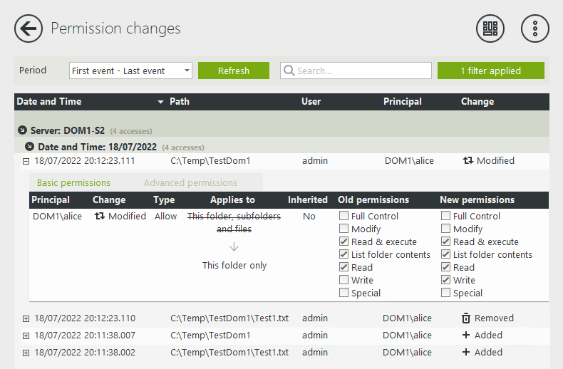 Report on changes to NTFS permissions