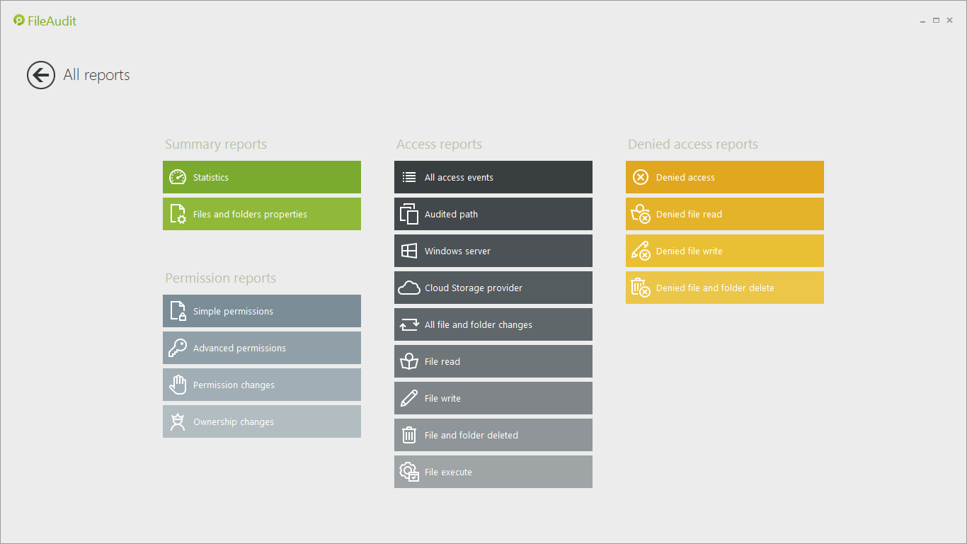 Predefined reports grouped into 3 categories