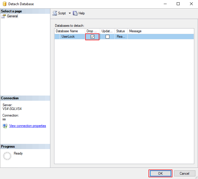 Check the box « drop » to detach the database