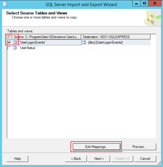 Select Source Tables and Views