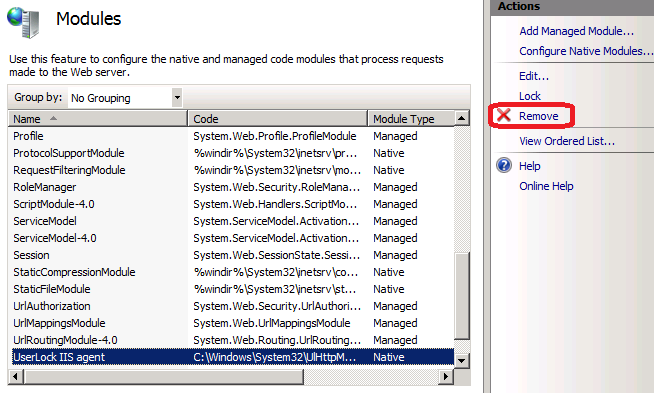 remove UserLock agent modules list IIS