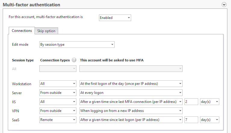 MFA policies for session types