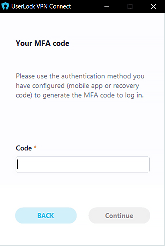 UserLock VPN Connect - MFA code